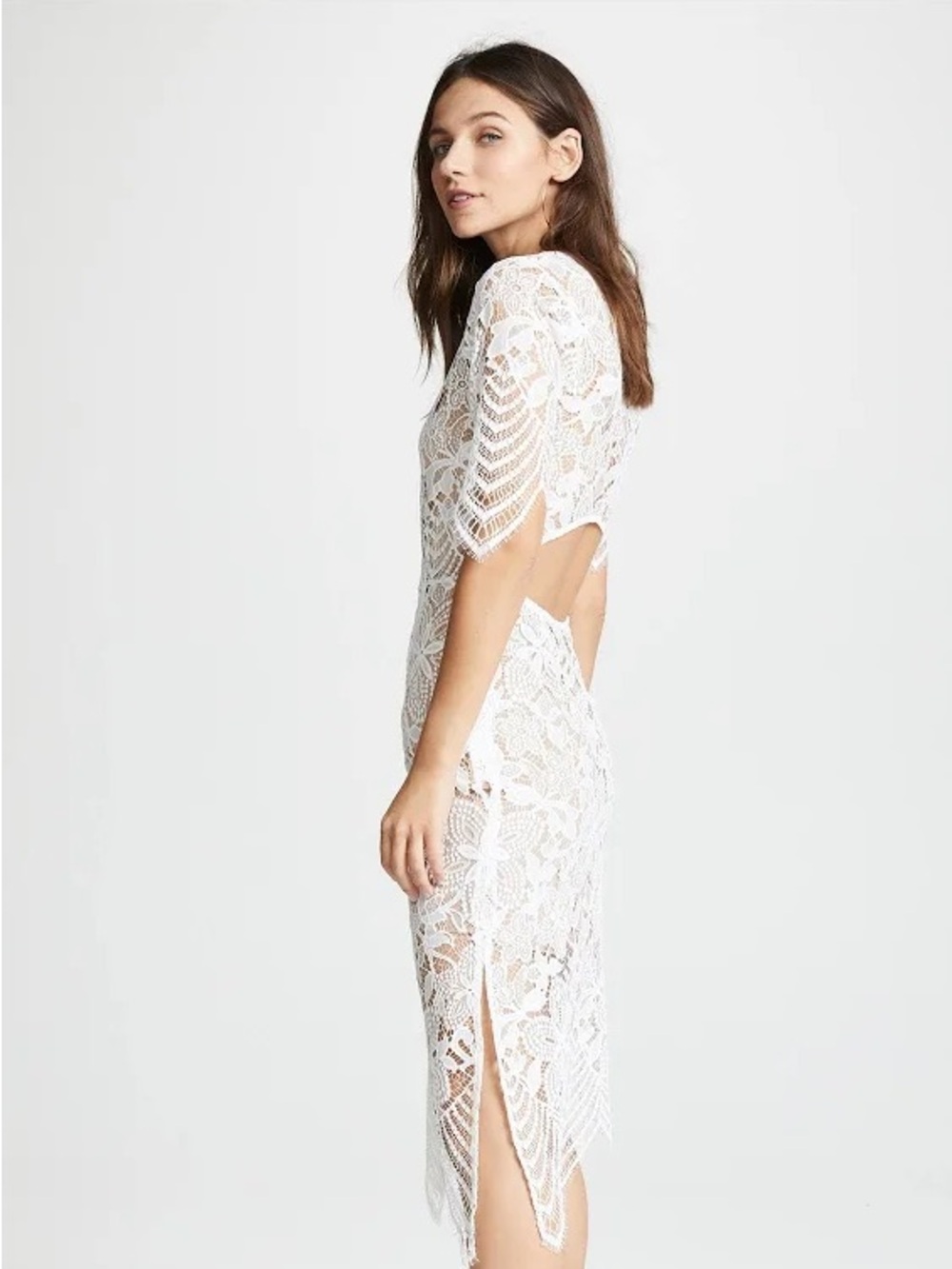 White Lace Midi Dress with Cutout Back